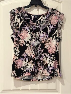 Tommy Hilfiger Black Floral Ruffle Cap-Sleeve Blouse